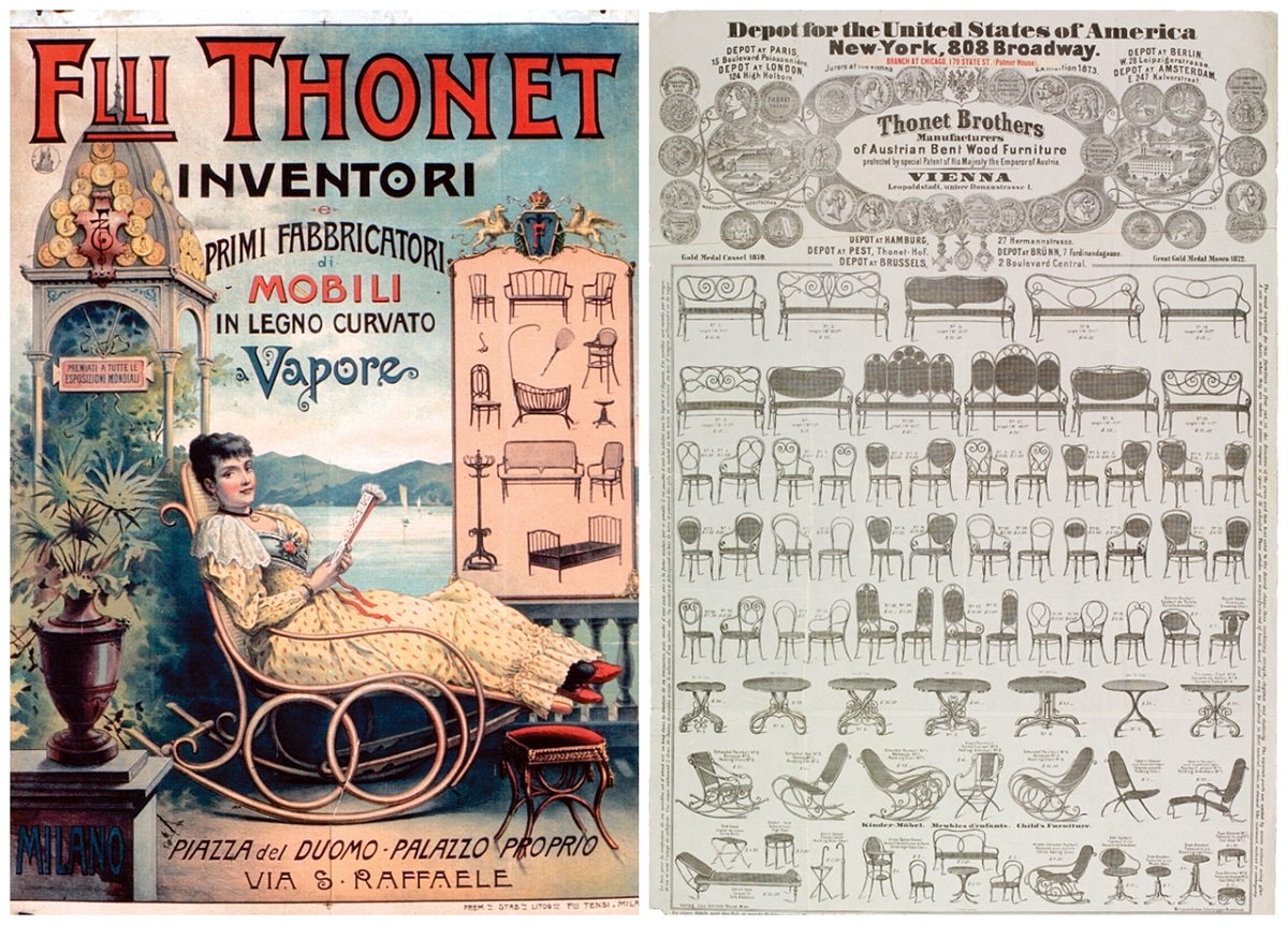 Izquierda: Anuncio de los muebles Thonet (c. 1900).
Derecha: Folleto publicitario Thonet Brothers (1873).