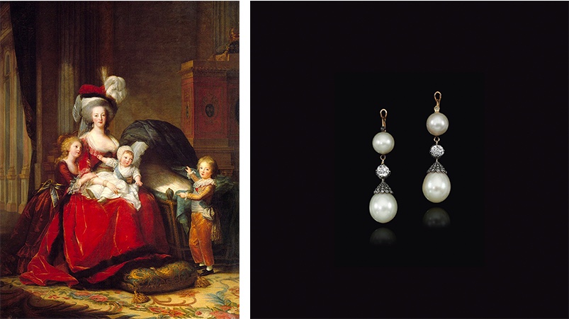 Links: Elisabeth-Louise Vigée-Lebrun, Marie Antoinette mit ihren Kindern, 1787 (Château de Versailles) Rechts: Paar Ohrringe mit Diamanten und Perlen. Erzielter Preis: 447.000 CHF (Foto: ©Sotheby's)