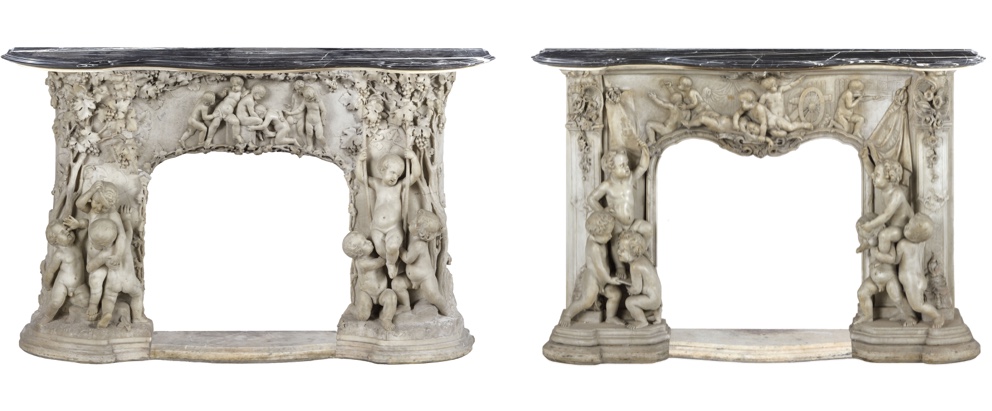 Two white marble fireplace claddings estimated at 3,000-4,000 euros each. Sold for 55,800.