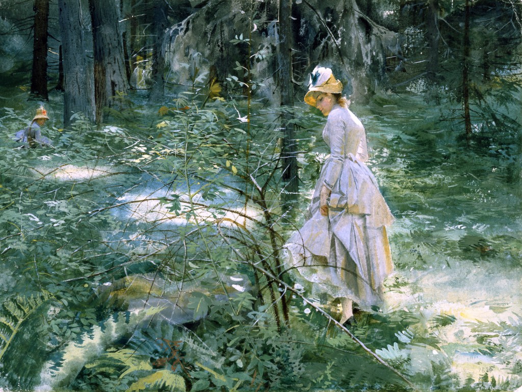 Motivet till Törnsnåret (1886) sägs ha kommit till då Anders och Emma var ute på en promenad på Dalarö utanför Stockholm och Emma fastnade med kjolen i ett törnsnår. Emma fick stå kvar och vänta medan Anders sprang hem för att hämta sin färglåda. Bild Zornmuseet.