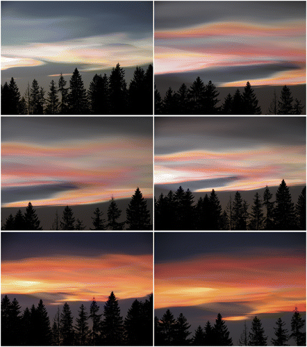 Série de photographies documentant le phénomène des « nuages nacrés », en janvier 2008. Images : F Prata via journals.ametsoc.org