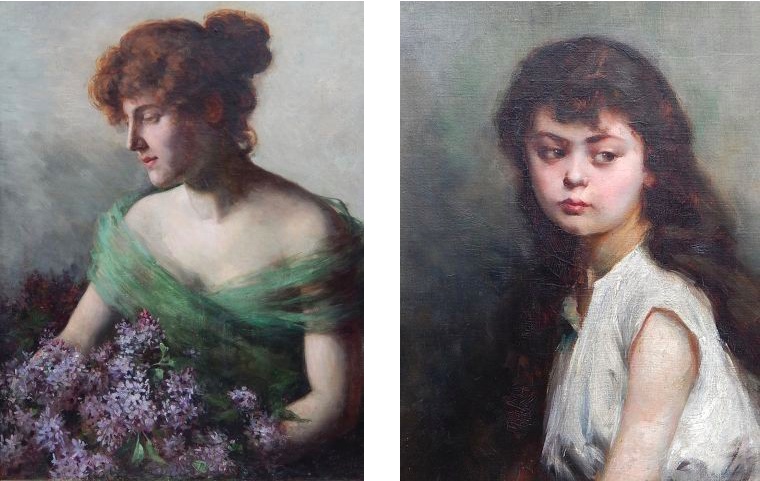 Links: CLARA GUMPERTZ (1863 - 1930?) zug. - Damenportrait, Öl/Lwd., signiert und datiert, 1896 Rechts: ALEXEI ALEXEIEVICH HARLAMOFF (1840 - 1922) zug. - Mädchenportrait, Öl/Lwd., unsigniert