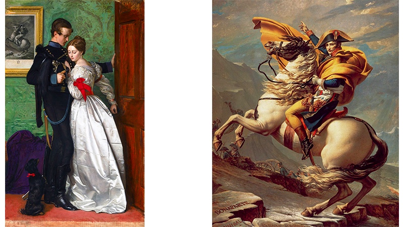 Links: John Everett Millais, The Black Brunswicker, 1860 Rechts: Jacques-Louis David, Bonaparte beim Überschreiten der Alpen am Großen Sankt Bernhard, 1800 | Beide Abb. via Wikipedia