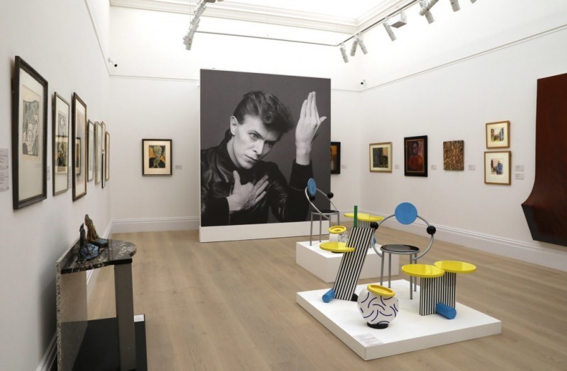 View of the ‘Bowie / Collector’ exhibition that preceded the auction of the Bowie Collection at Sotheby's in 2016. The image shows some of the most iconic pieces produced by the Memphis collective, including the ‘First’ chair by Michele De Lucchi. Photo: Sotheby's
