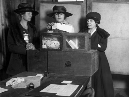 Three women’s suffragists casting votes in New York City, ca. 1917Image courtesy Everett Historical
