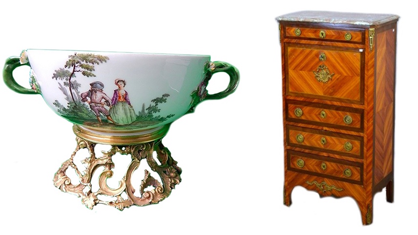 Links: MEISSEN Bemalte Schale mit zwei Henkeln auf feuervergoldeter Bronzemontierung Rechts: Klappsekretär mir Marmorplatte und feuervergoldeten Bronzeappliken, 19. Jh.