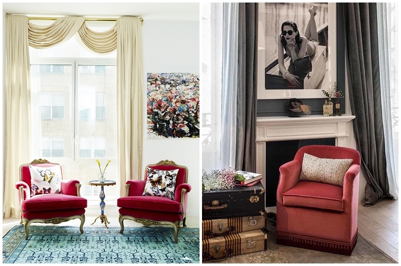 Left: Red chairs in a chic SoHo apartment. Photo via catalysticmedia.com. Right: his cherry red sofa was seen at Casa Decor 2018. Photo via Casa Decor.