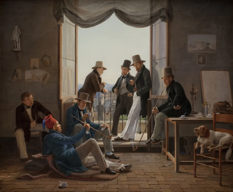Constantin Hansens Et selskab af danske kunstnere i Rom, år 1837. Verket är med på Nationalmuseums utställning Dansk Guldålder. Foto: Statens Museum for Kunst.