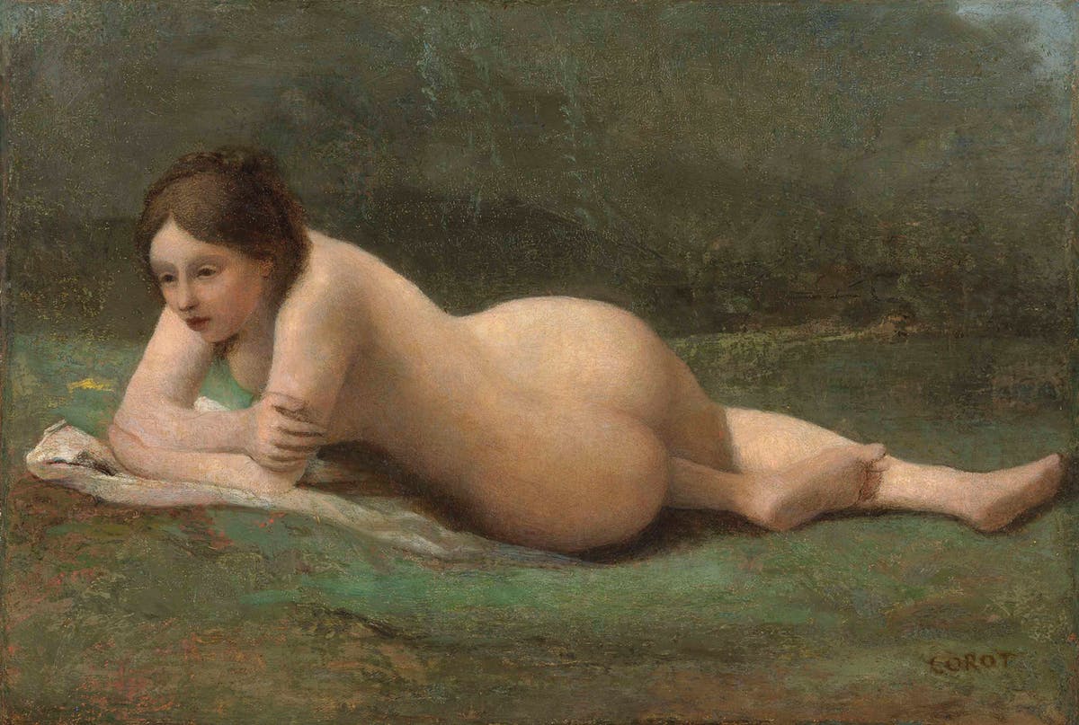 JEAN-BAPTISTE COROT. "Jeune femme étendue sur l’herbe". Óleo sobre lienzo.