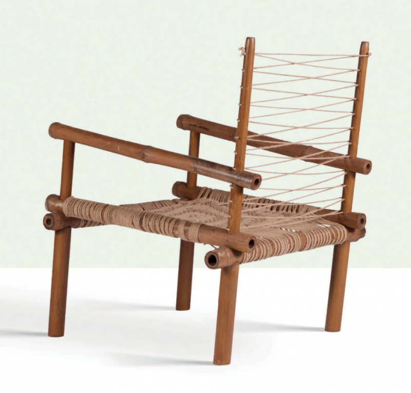 Stol i bambu, rep och canvas av Pierre Jeanneret, cirka år 1953. Foto: Aguttes.