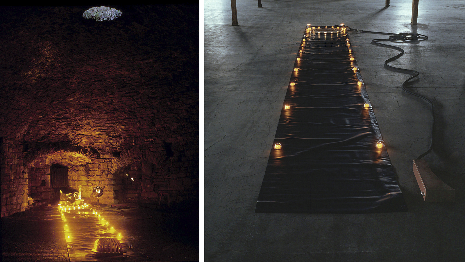 ANGEL TRAP. 20 x 130 x 1100 cm. Förstärkt neoprengummi, indikatorer, koppar, stål, ek
trä, elektronik och akryl. Foto av Lars Gustafsson.