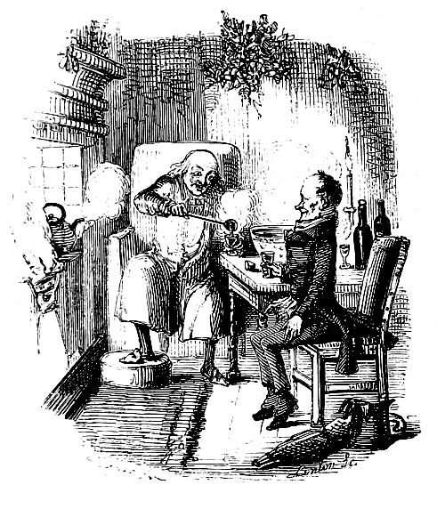 Orginalillustration från första utgåvan av A Christmas Carol – på bilden syns Scrooge tillsammans med Bob Cratchit. Foto via Wikipedia.