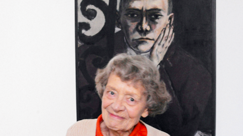 Barbara Göpel in 2011 infront of Max Beckmann's "Self-portrait at the bar". Image courtesy of Grisebach.