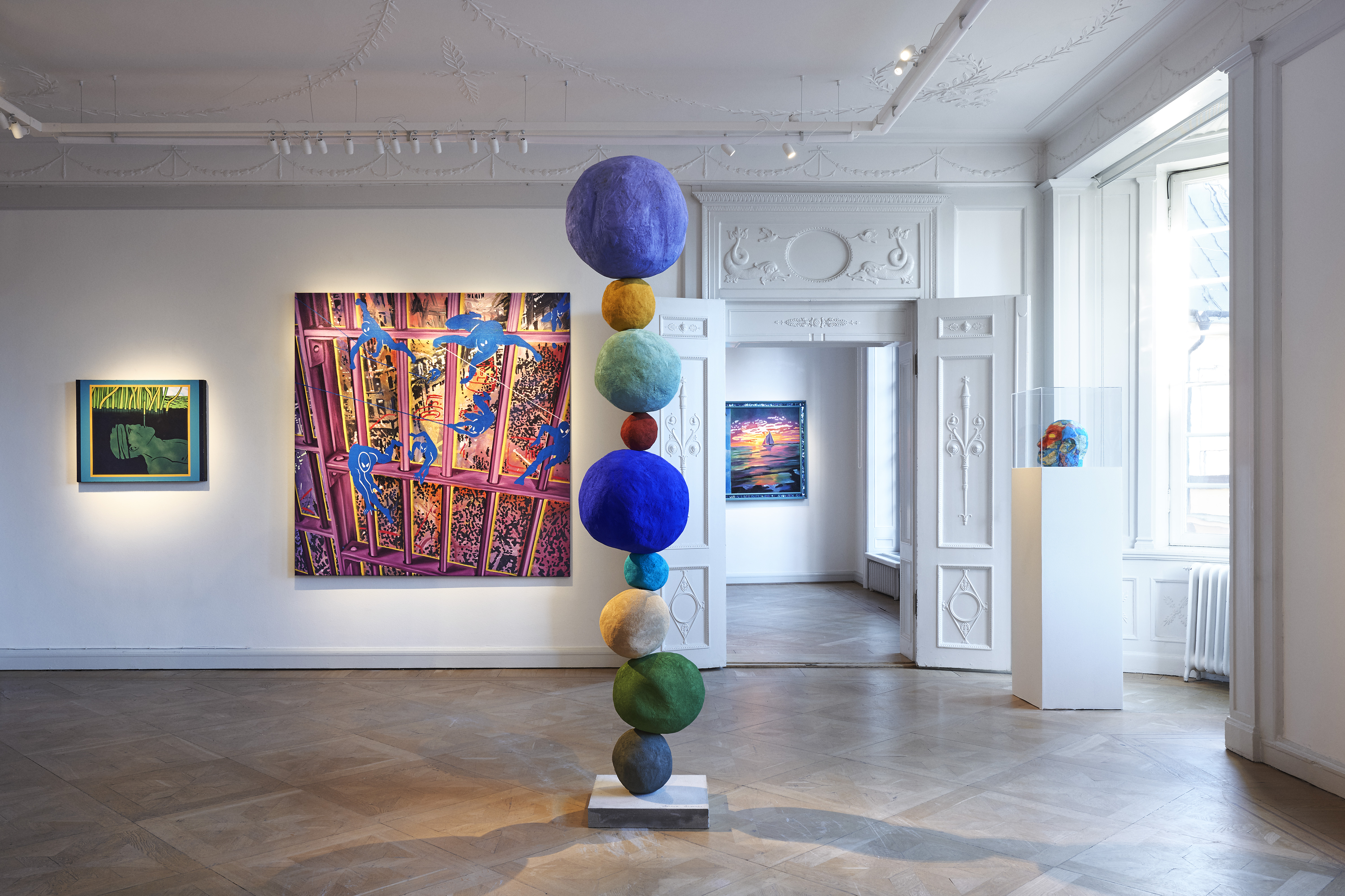 Installation at CFHILL. Left to right: David Wojnarowicz, Untitled, 1983/88 Christof Kohlhofer & Marilyn Minter, Striking, 1984 Annie Morris, Stack 9, Studio Violet, 2018 Rhonda Zwillinger, I need a tropical vacation I, 1984 David Wojnarowicz, Head #5, from the Metamorphosis series, 1984