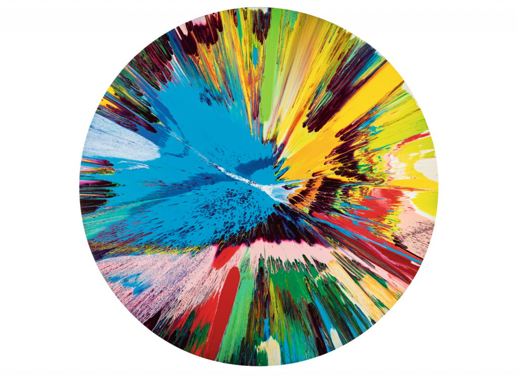 Damien Hirst, « Beautiful, all round, lovely day, big toys for big kids, Frank and Lorna, when we are no longer children we are already dead, painting », 1998, image ©Sotheby's