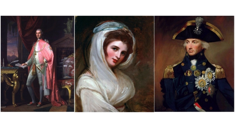 Da sinistra: Sir William Hamilton, ambasciatore alla corte di Napoli e vulcanologo. Emma Hamilton, celebre bellezza del salone. Horatio Nelson, ammiraglio inglese.