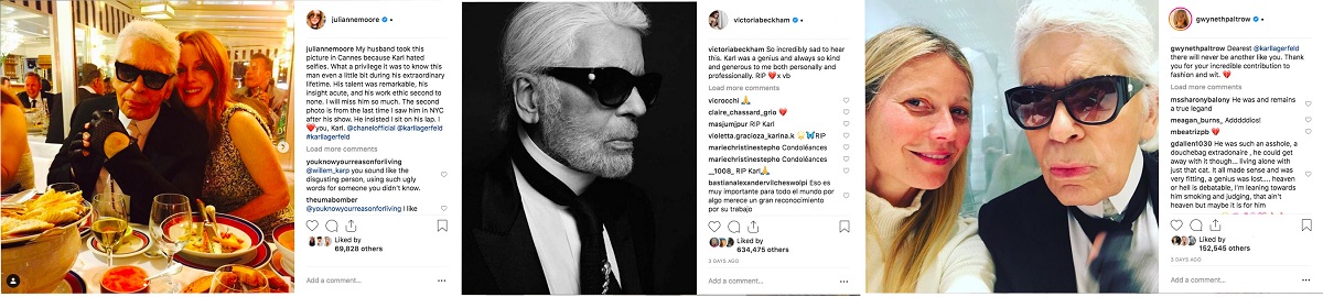 Celebridades como Julianne Moore, Victoria Beckham y Gwyneth Paltrow se dirigieron a Instagram para despedirse de Karl Lagerfeld luego de su fallecimiento el martes 19 de febrero de 2019.