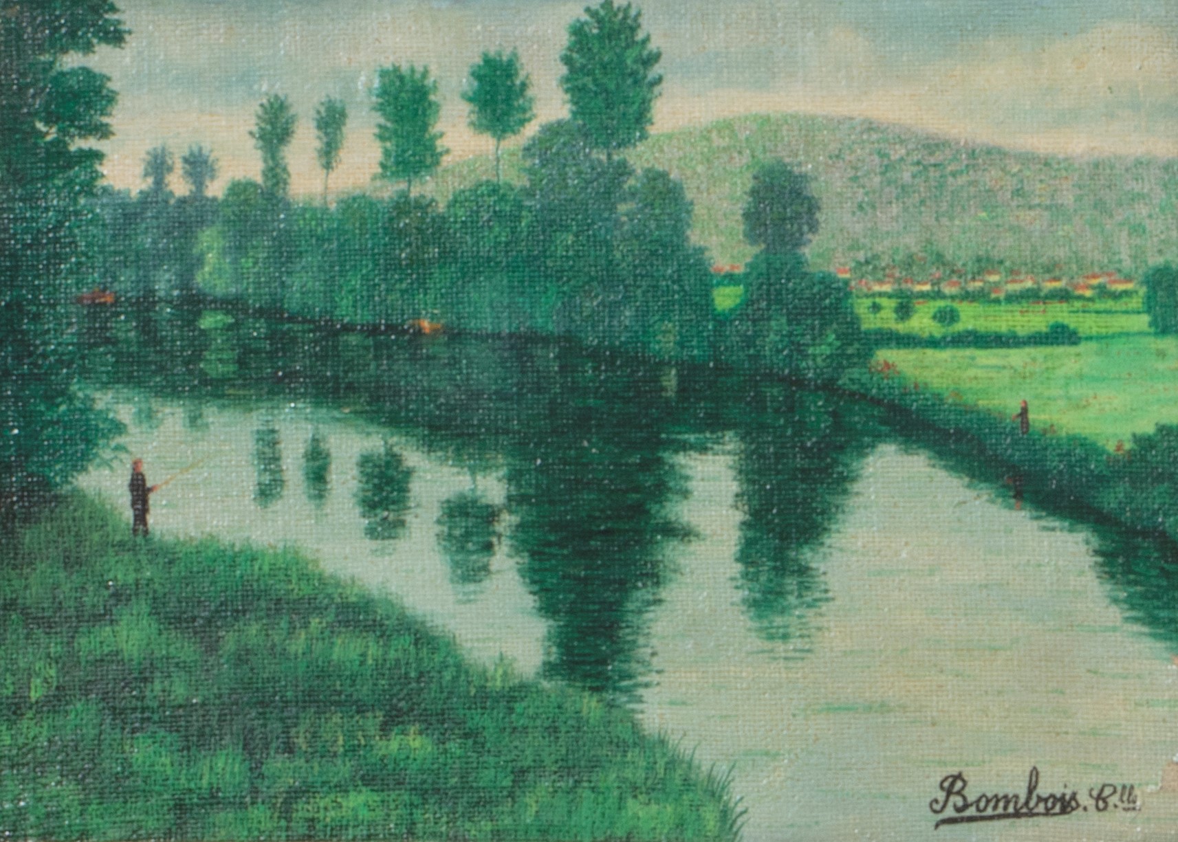 Oil on canvas painting by Camille Bombois (French, 1883-1970), titled Fishermen by a River in a Landscape with Town Beyond (est. $1,000-$1,500).