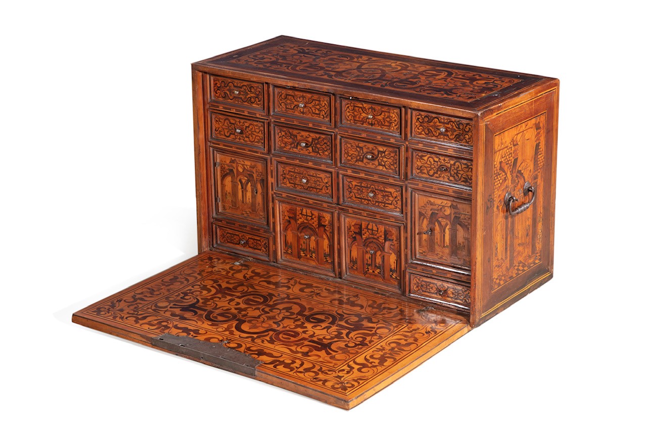 Fine late 17th century German late Renaissance marquetry inlaid walnut table cabinet, probably Augsburg or Nuremberg (est. $15,000-20,000).