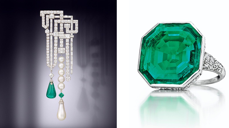 Geometrische Opulenz auch beim Schmuck des Art déco. Links: Van Cleef & Arpels, Brosche mit Diamanten, Smaragden und Perlen, 1926 | Foto: Bonhams Rechts: Cartier, Platinring mit oktogonalem Smaragd | Foto: Christie's