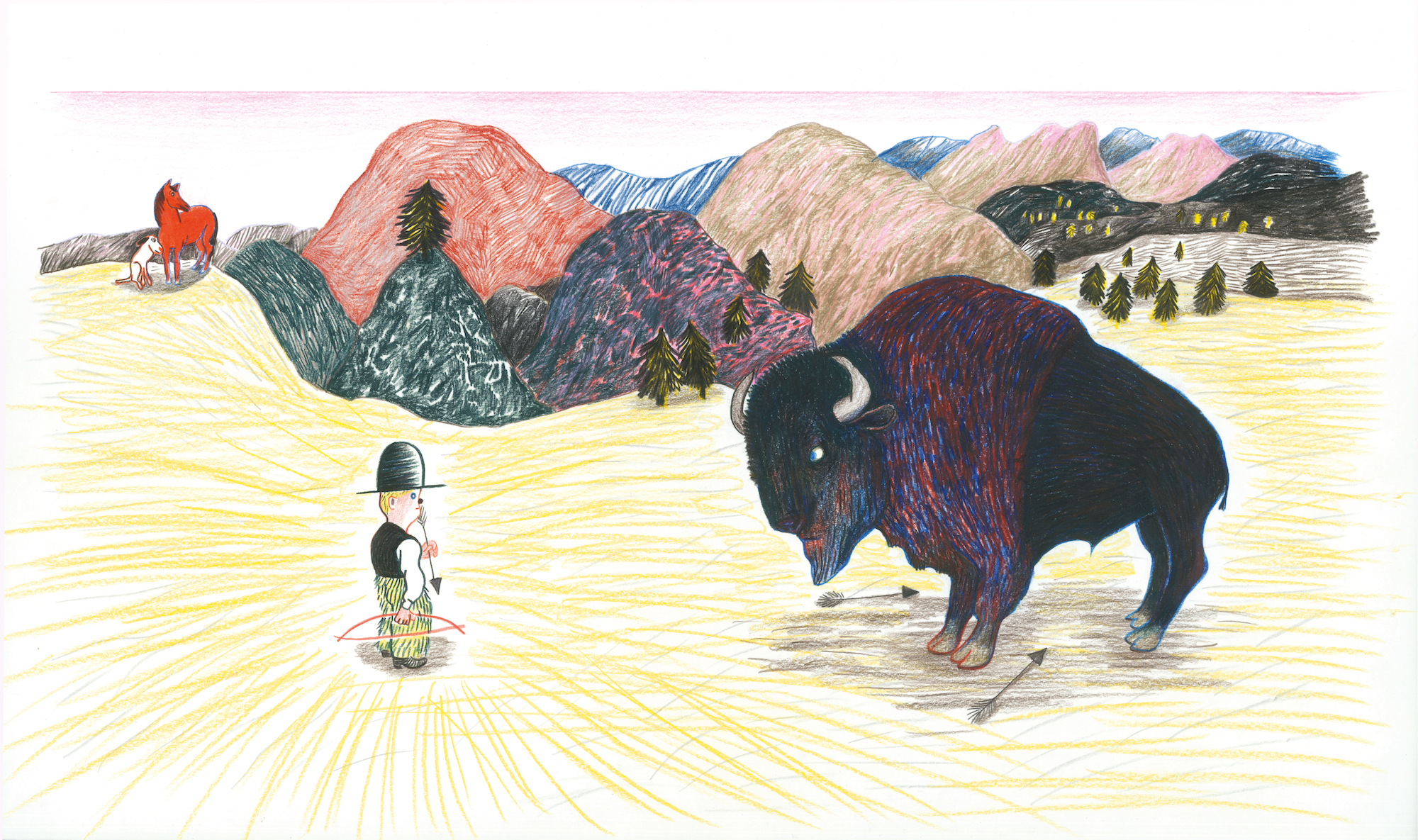Illustrationer från boken Farwest, 2019. visas i Kitty Crowther - Originalillustrationer 23 mars - 19 maj 2019 Bror Hjorths Hus, Uppsala