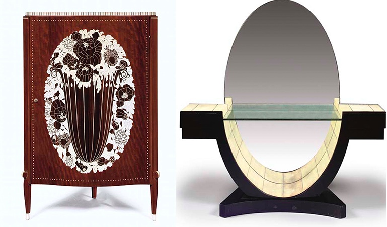Links: Dieses Eckschränkchen gestaltete Jacques-Émile Ruhlmann wie sein berühmtes État rectangle cabinet | Foto: Christie's Rechts: Pierre Legrain, Frisiertisch, um 1920 | Foto: Christie's