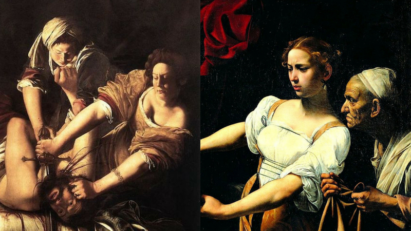 Gauche : « Judith et Holopherne » d'Artemisia Gentileschi / Gauche : « Judith et Holopherne » par le Caravage, 1597.