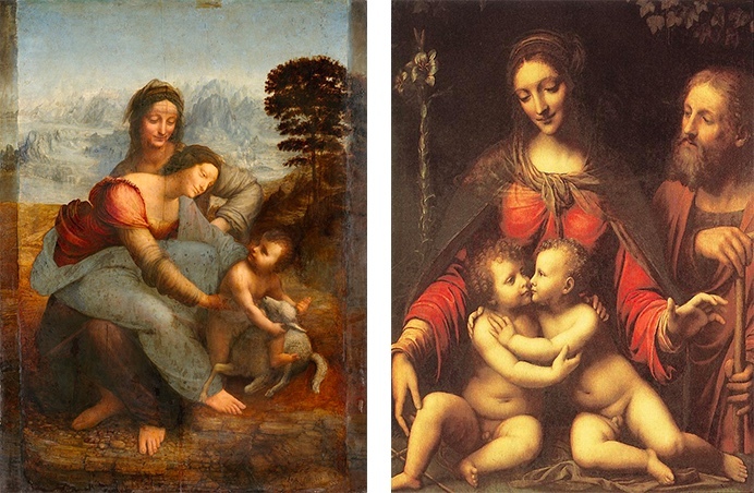 Vänster: Leonardo da Vinci, Anna själv tredje, 1508-10. Höger: Bernardino Luini, The Holy Family with infant St John, tidigt 1500-tal. Bild: Barnebys.de