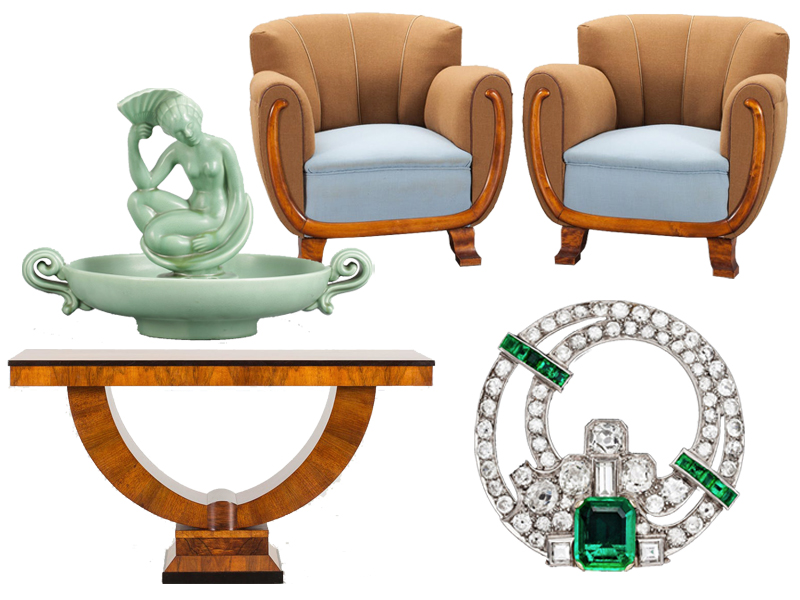 1. Blomsteruppsats, Arthur Percy, Gefle, 3 200 kronor 2. Fåtöljer Art Deco, 3 600 kronor 3. Sidobord i Art Deco-stil, 17 500 kronor 4. Brosch med colombiansk smaragd, 86 000 kronor