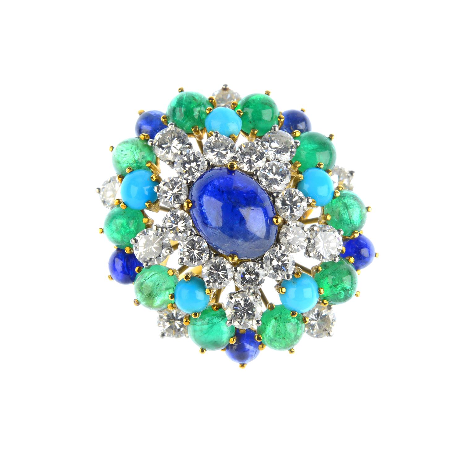 A 1960s diamond, emerald and enamel brooch. Designed as a textured bull, with pave-set diamond horns and brilliant-cut diamond, circular emerald cabochon and enamel foliate motif. Italian marks.