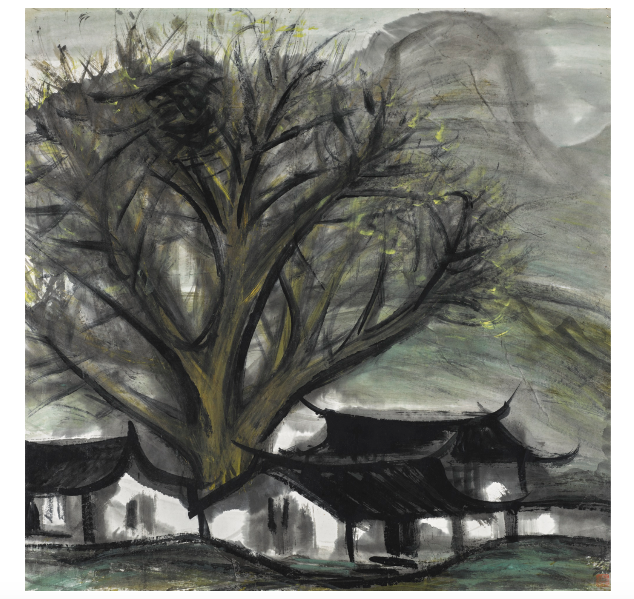 林風眠(1900-1991年)《樹下人家》 水墨設色紙本 鏡框