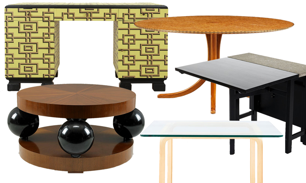 1. Skrivbord, Art deco, 1930-tal, 2 700 kronor 2. Josef Frank, matbord med rund rotfanerad skiva 50 400 kronor 3. Slagbord, Marit Stigsdotter, 2 700 kronor 4. Erik Johansson, "Klot-Johan", soffbord, 30 000 kronor 5. Alvar Aalto. Soffbord, Y805A, Artek, sent 1900-tal, 2 900 kronor