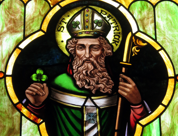 A stained glass image of Saint Patrick at Immaculate Conception Catholic Church in Port Clinton, Ohio. (Credit: ‘Nheyob’, CC BY-SA 4.0, via Wikimedia Commons)
