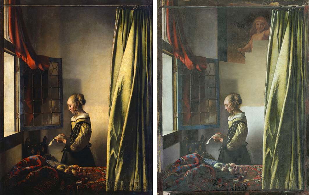 Johannes Vermeer, La liseuse à la fenêtre, vers 1657, Staatliche Kunstammlungen, Dresde : avant et après restauration (en cours) © SKD, image : Klut / Estel et © SKD, image : Wolfgang Kreische