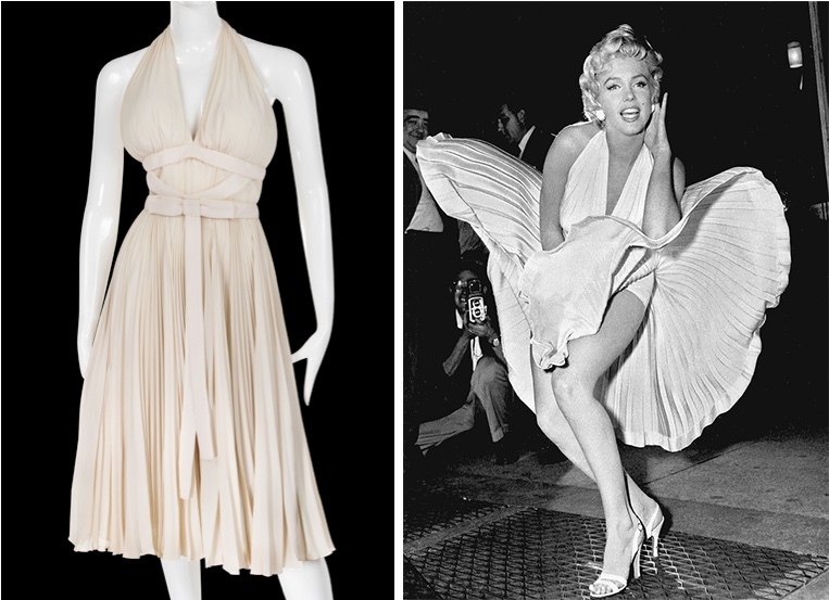 Vestito da Subway di The Seven Year Itch (prima immagine: Profili in Storia, seconda Wikipedia). L'abito della mostra non è quello del film, ma è stato realizzato dal sarto preferito di Marilyn, Bill Travilla, con le stesse caratteristiche dell'originale del 1955. Girare la famosa scena costa a Marilyn il suo secondo marito, la gelosa star del baseball Joe DiMaggio che potrebbe sopportare il fatto che sua moglie fosse circondata da così tante persone con la gonna gonfiata. Travilla ha realizzato i costumi di Marilyn per otto film, tra cui Gentlemen preferiscono le bionde e Come sposare un milionario.