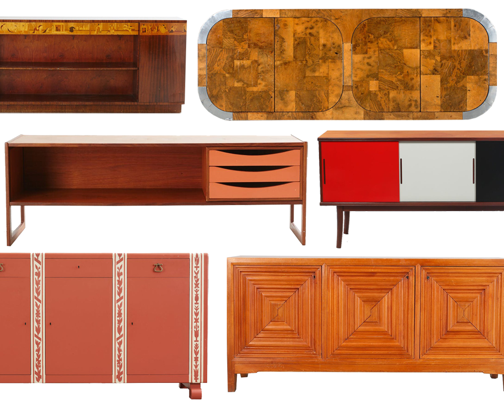 1. Sideboard med bokhylla, Mjölby intarsia 1940-tal, 8 400 kronor 2. Sideboard, rotfaner och vitmetall, Art Deco-stil, 1900-talets slut, 42 500 kronor 3. Sideboard, 1950/60-tal, med tillhörande kasett med lådor, 4 600 kronor 4. Sideboard, Danmark, 1900-talet andra hälft, 4 200 kronor 5. Carl Malmsten, sideboard, Stockholm, 1935, 46 550 kronor 6. Sideboard, möjligen Oscar Nilsson, 1940-tal, 70 000 kronor