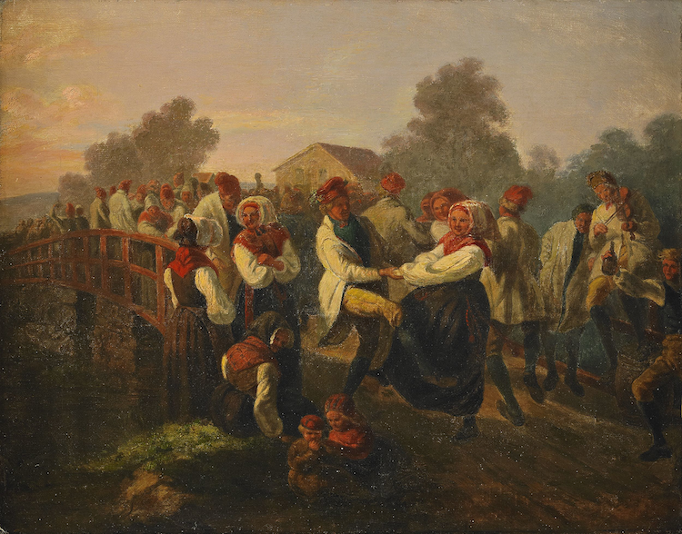 Josef Wilhelm Wallanders “Frieridansen på Floda-Bron (Dalarne)” målad kring 1858 är en oerhört tidstypisk målning från en tid då man med stolthet romantiserade över den svenska landsbygden. Midsommarfirandet som var en särskilt stark tradition i Dalarna firas av hela familjen med dans, sång, musik och, för somliga i familjen med sprit