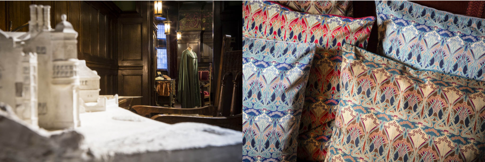 Vänster: Under utställningsperioden kan slottets besökare handla i en pop up-butik med dagens Libery-varor. Höger: Libertymönstret Lanthe. Foto: Will Rose.