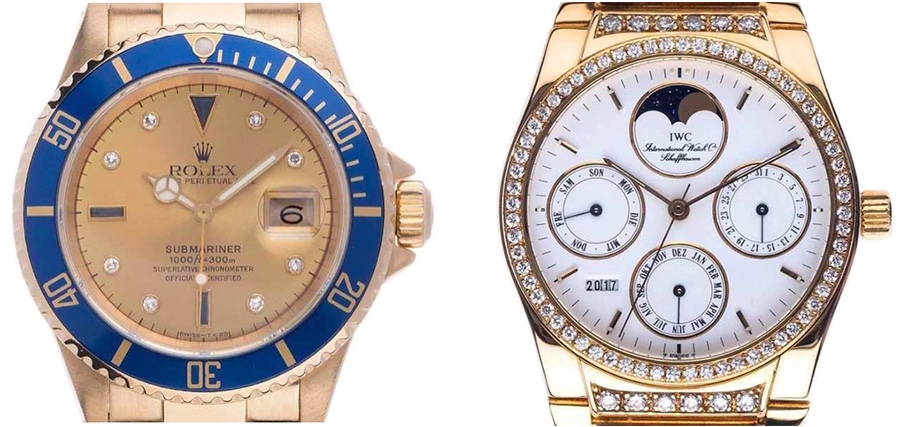 Links: ROLEX Submariner Date Sertie, Gelbgold, Diamaten, Saphire, 1991 Rechts: IWC Quantime Perpetual Ewiger Kalender, Gelbgold, Diamanten, 1990