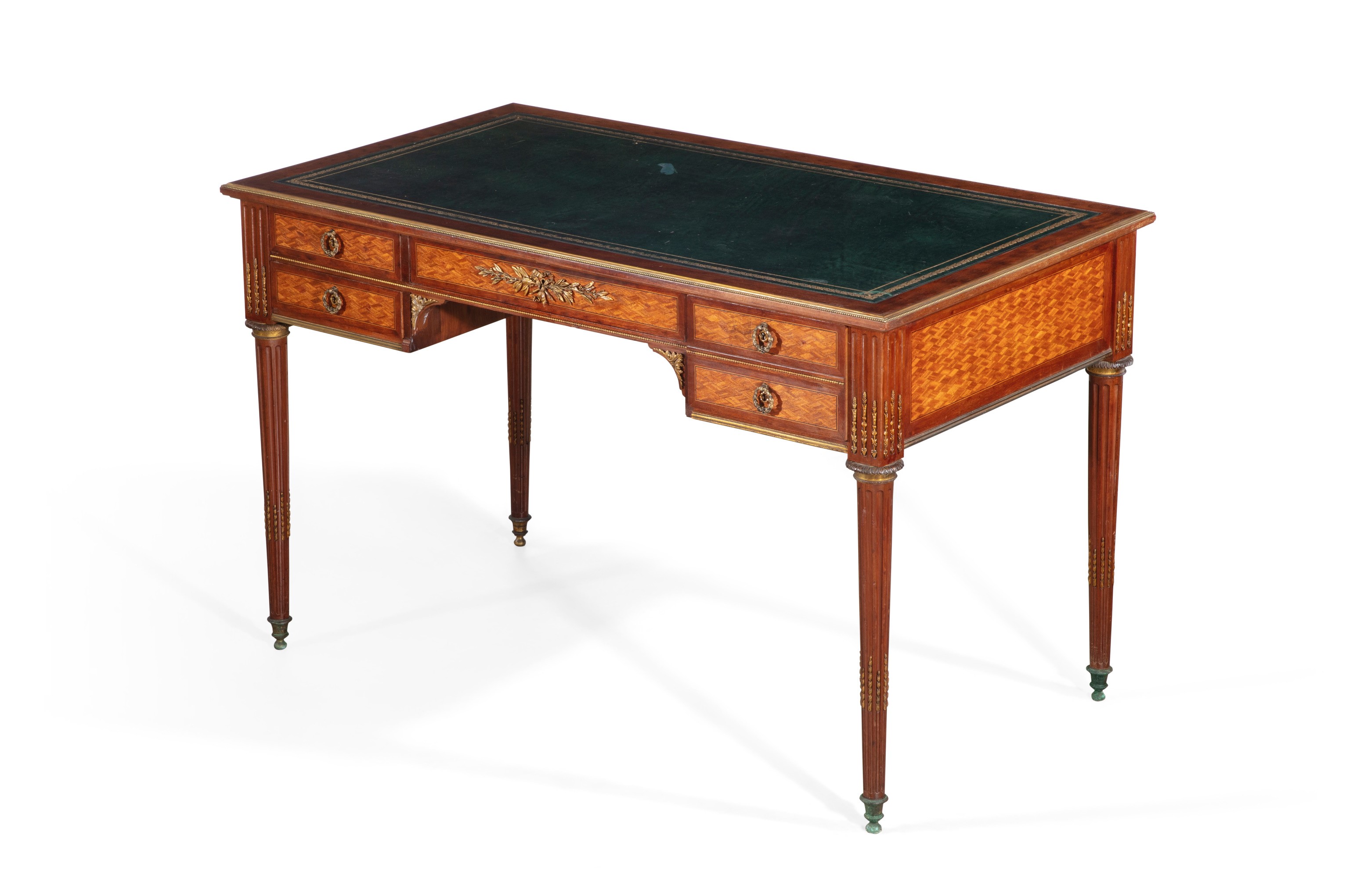 Fine Louis XVI style gilt bronze mounted plum pudding mahogany and parquetry bureau plat by Francois Linke (Paris, circa 1900) (est. $4,000-6,000).