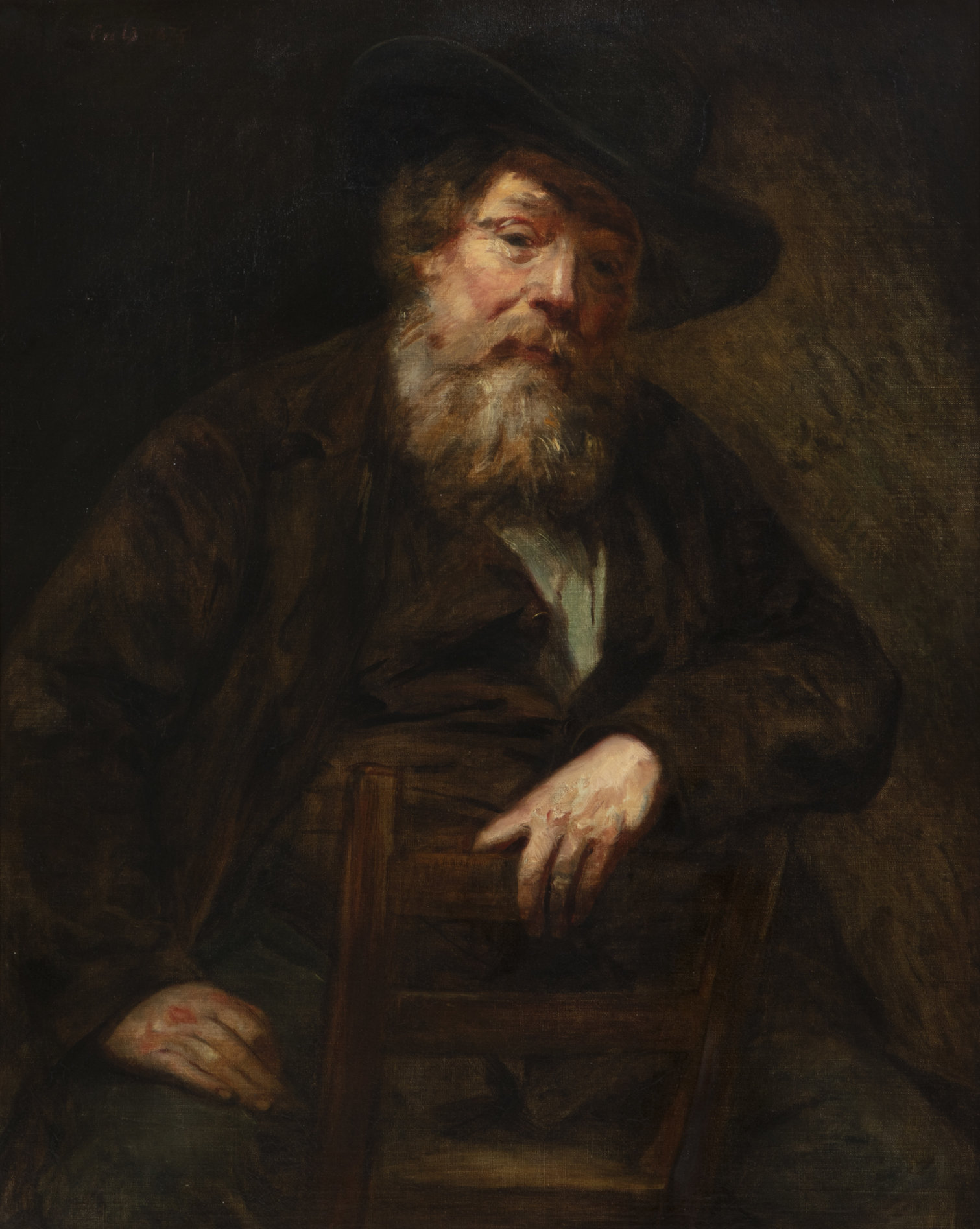 Oil on canvas by Adolphe-Felix Cals (French, 1810-1880), titled Portrait of an Elderly Man with a Beard and a Hat, signed and dated ‘Cals 1875’ upper left (est. $2,000-$3,000).