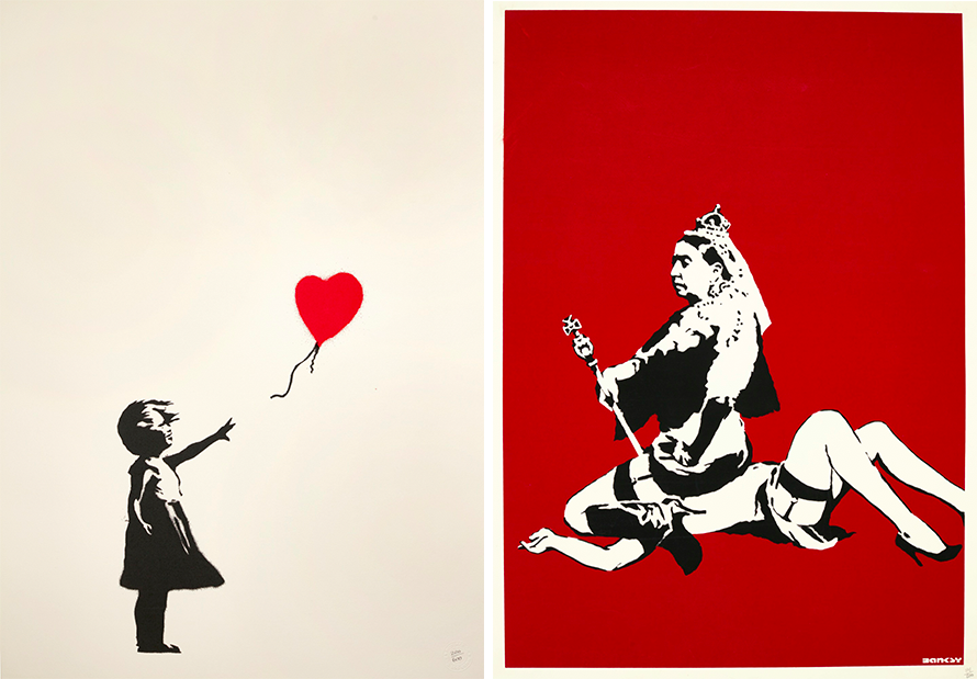 Links: Banksy, Girl with Balloon, 2004 Rechts: Banksy, Queen Vic, 2003 | Fotos: Sotheby's