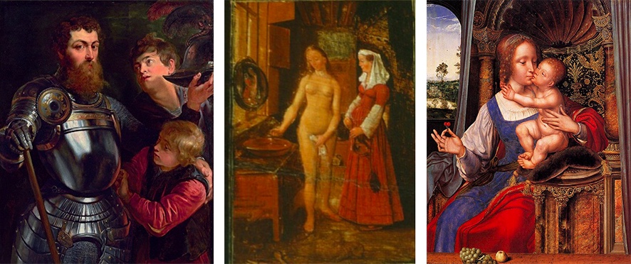 Links: Quentin Matsys, Die hl. Jungfrau den Christusknaben küssend, ca. 1525-30 Mitte: Jan van Eyck, Frau bei der Toilette, 15. Jh. Rechts: Peter Paul Rubens, Portrait eines Kommandeurs, frühes 17. Jh. | Alle Abb. via Wikipedia