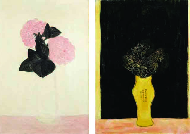 À gauche: Sanyu, Deux gros hortensias roses, dans un vase blanc, février 1931. Adjugé 4 080 000€ le 2 juin 2015 Sanyu, Fleurs dans un vase portant une inscription, années 1930. Adjugé 4 080 000€ le 2 juin 2015