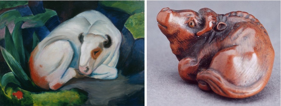 Links: FRANZ MARC (1880-1916) - Der Stier, 1911, Solomon R. Guggenheim Museum, New York Rechts: Netsuke aus Holz © Michael R. Bernstein