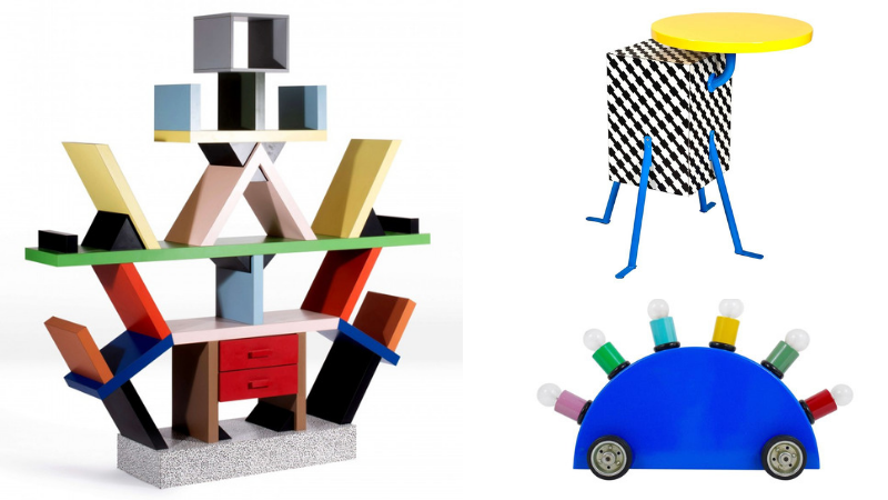 Left: Ettore Sottsass, the ‘Carlton’ Bookcase, 1981. Photo: Artcurial. Top right: Michele De Lucchi, ‘Kristall’ Table, 1981. Photo: Bruun Rassmussen. Bottom right: Martine Bedin, ‘Super’ Lamp, 1981. Photo: 1stdbs.com