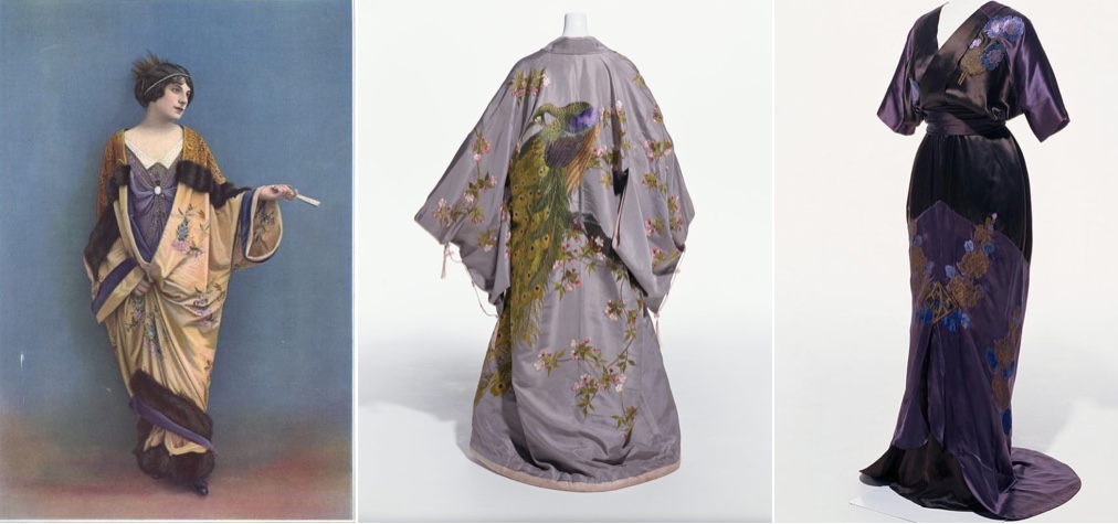 Links: Kleid und Mantel von LAFERRIÈRE in Les Modes, Oktober 1912 Mitte: IIDA TAKASHIMAYA - Kimono, Kyoto um 1904-08 Rechts: CALLOT SOEURS - Abendkleid, um 1908 Beide im Kyoto Costume Institute