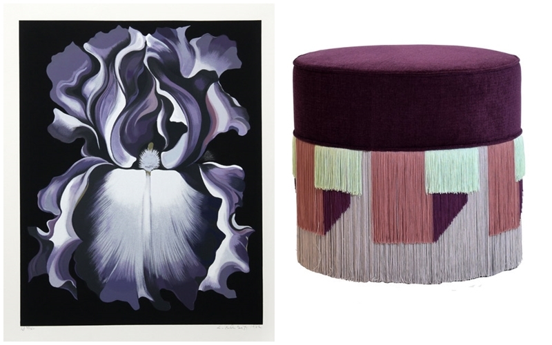 Left: LOWELL BLAIR NESBITT. "White and Violet Iris" (1982). Photo: RoGallery Online. Right: LORENZA BOZZOLI DESIGN. Pouffe in beech wood upholstered in violet velvet and geometric fringe decoration. Photo: Artemest.