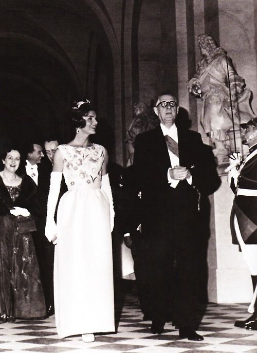 Jackie Kennedy wearing a Givenchy gown at Versailles, 1961