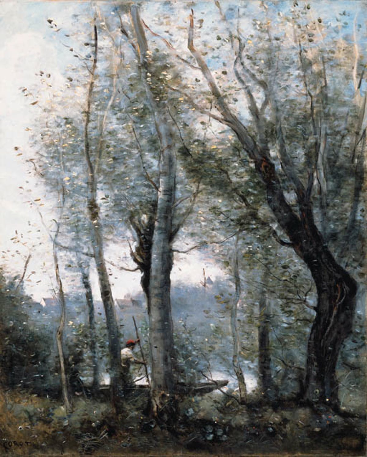 JEAN-BAPTISTE COROT. "Le Batelier Passant Derrière Les Arbres De La Rive". Óleo sobre lienzo (1865-70).